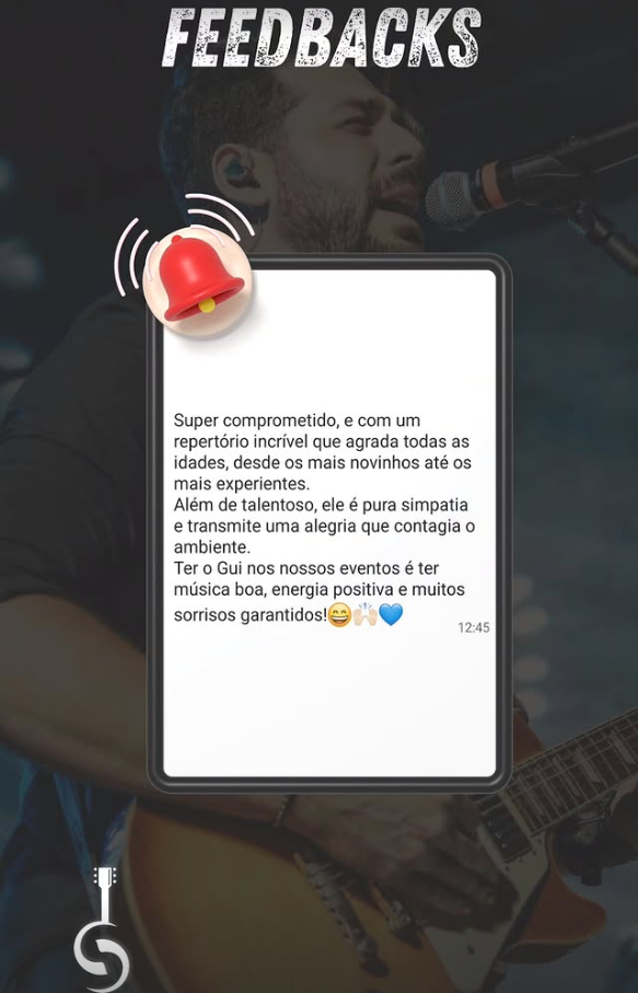 Mensagem de cliente elogiando o repertório e a energia do show de Gui Simões